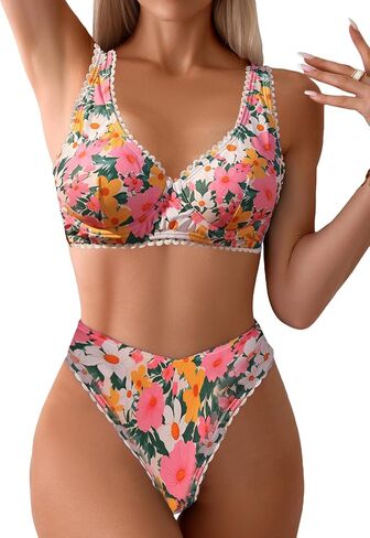 MakeMeChic Women's 2 Piece Bikini Set Frill Trim Floral Print Sleeveless Boho Swimsuit Beach Outfit in Saudi Arabia