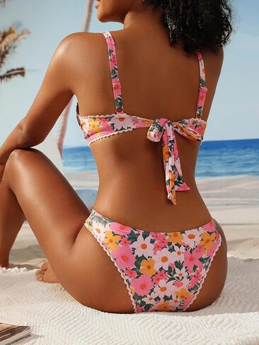 MakeMeChic Women's 2 Piece Bikini Set Frill Trim Floral Print Sleeveless Boho Swimsuit Beach Outfit in Saudi Arabia