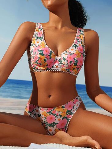 MakeMeChic Women's 2 Piece Bikini Set Frill Trim Floral Print Sleeveless Boho Swimsuit Beach Outfit in Saudi Arabia