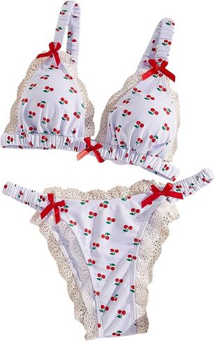 Women's 2 Piece Bikini Set Printed Lace Trim Halter Swimsuit Set Cute Frill Bow Knot Bathing Suit in Saudi Arabia