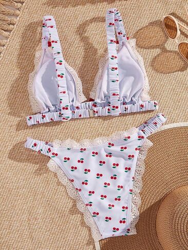 Women's 2 Piece Bikini Set Printed Lace Trim Halter Swimsuit Set Cute Frill Bow Knot Bathing Suit in Saudi Arabia