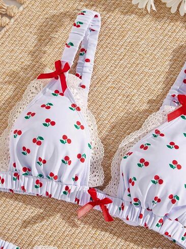 Women's 2 Piece Bikini Set Printed Lace Trim Halter Swimsuit Set Cute Frill Bow Knot Bathing Suit in Saudi Arabia