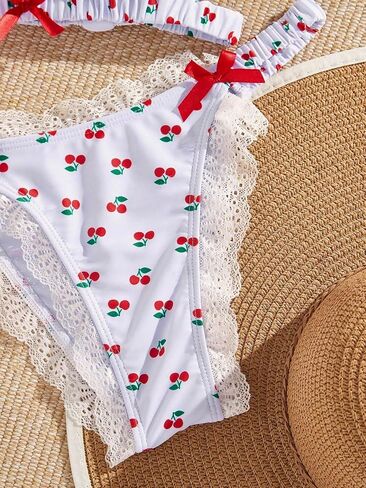 Women's 2 Piece Bikini Set Printed Lace Trim Halter Swimsuit Set Cute Frill Bow Knot Bathing Suit in Saudi Arabia