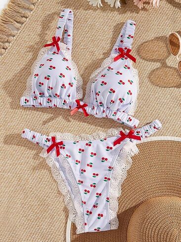 Women's 2 Piece Bikini Set Printed Lace Trim Halter Swimsuit Set Cute Frill Bow Knot Bathing Suit in Saudi Arabia