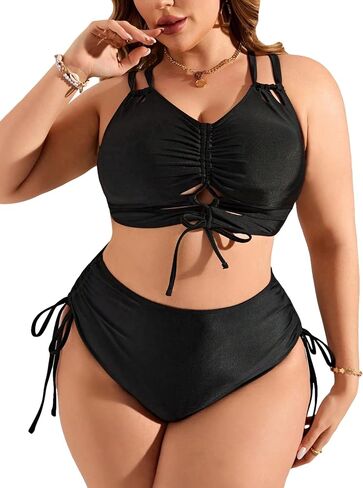 SOLY HUX Women's Plus Size 2 Piece Swimsuit Drawstring Halter Bikini Sets Bathing Suits Solid Black 4XL in Saudi Arabia