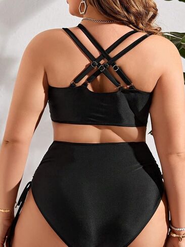 SOLY HUX Women's Plus Size 2 Piece Swimsuit Drawstring Halter Bikini Sets Bathing Suits Solid Black 4XL in Saudi Arabia