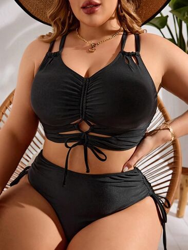 SOLY HUX Women's Plus Size 2 Piece Swimsuit Drawstring Halter Bikini Sets Bathing Suits Solid Black 4XL in Saudi Arabia