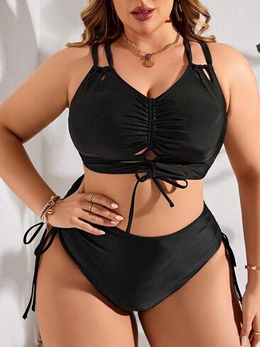 SOLY HUX Women's Plus Size 2 Piece Swimsuit Drawstring Halter Bikini Sets Bathing Suits Solid Black 4XL in Saudi Arabia