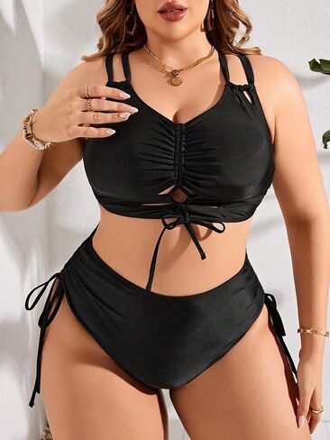 SOLY HUX Women's Plus Size 2 Piece Swimsuit Drawstring Halter Bikini Sets Bathing Suits Solid Black 4XL in Saudi Arabia