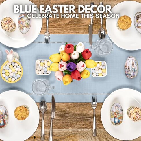 مفرش طاولة الخريف من Brio Trends، مفرش طاولة ذو خياطة زرقاء مغبرة مثالي لديكور المزرعة - مفرش طاولة أزرق فاتح مثالي لديكور المطبخ الأزرق - Camino De Mesa Azul - (طوله 14 × 54 بوصة) in Kuwait