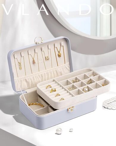 Vlando Jewelry Travel Box 2 Layer Travel Jewelry Case PU Leather Jewelry Organizer for Necklace Earring Storage Mothers Day Gifts for Mom Girls Women (Grey) in Saudi Arabia