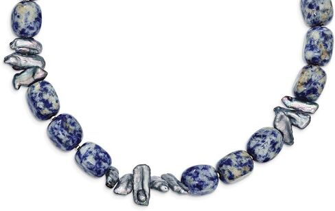 Solid 925 Sterling Silver Sodalite & Grey FW Cult. Simulated Pearl Necklace - with Secure Lobster Lock Clasp 16" in Saudi Arabia
