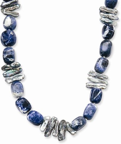 Solid 925 Sterling Silver Sodalite & Grey FW Cult. Simulated Pearl Necklace - with Secure Lobster Lock Clasp 16" in Saudi Arabia