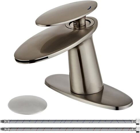 Wovier Brushed Nickel Waterfall Bathroom Sink Faucet with Supply Hose,Single Handle Single Hole Vessel Lavatory Faucet,Slanted Body Basin Mixer Tap Tall Body Commercial in Kuwait