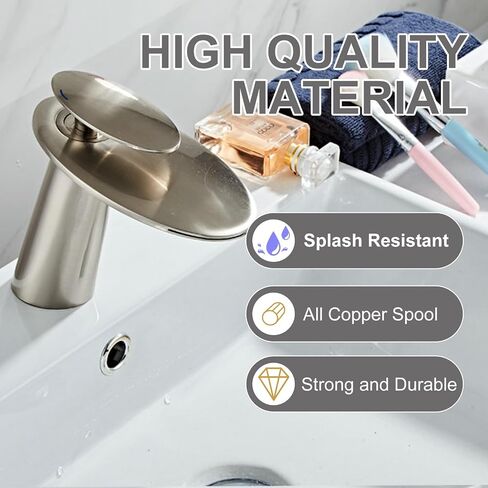 Wovier Brushed Nickel Waterfall Bathroom Sink Faucet with Supply Hose,Single Handle Single Hole Vessel Lavatory Faucet,Slanted Body Basin Mixer Tap Tall Body Commercial in Kuwait