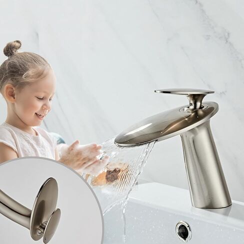 Wovier Brushed Nickel Waterfall Bathroom Sink Faucet with Supply Hose,Single Handle Single Hole Vessel Lavatory Faucet,Slanted Body Basin Mixer Tap Tall Body Commercial in Kuwait