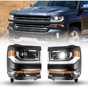 ROXX HID Projector Headlight Headlamps Assembly Compatible with 2016 2017 2018 2019 Chevy Silverado 1500 w/High Low Beam DRL Driver & Passenger Side (Black Frame/Clear Lens)