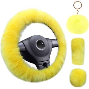 4PCS Set Fluffy Steering Wheel Covers with Handbrake Cover & Gear Shift Cover & Plush Keychain Steering Wheel Cover for Women Furry Car Accessories Universal Fit 14.96Inch (Yellow)