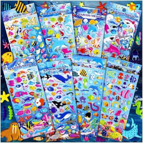3D Puffy Fish Stickers for Kids Toddlers, 4 Different Sheets 200+ Variety of Funny Under The Sea Ocean Animal Foam Stickers for Decoration, Classroom Rewards, Party Favors