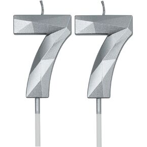 77th Birthday Candles for Cake, Silver Number 77 3D Diamond Shaped Candle Birthday Decorations Party Supplies for Women or Men