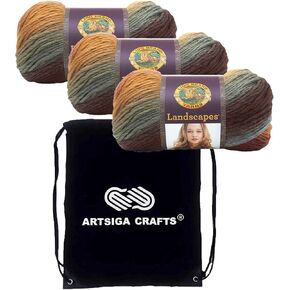 Lion Brand Landscapes Blue Lagoon 545-207 (3-Skeins - نفس مجموعة الصبغة) خيوط أكريليك متوسطة #4 للحياكة والحياكة - حزمة مع 1 حقيبة مشروع Artsiga Crafts