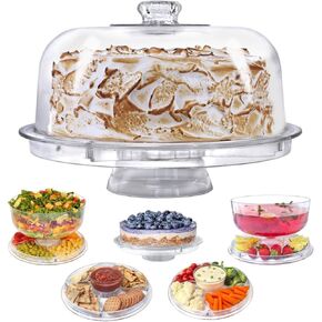 Lillian Tablesettings Cake Stand with Dome Cover, 6-in-1 Multi-Purpose Use, Serving Platter, Punch Bowl, Desert Platter and More, BPA Free, Clear (60220)