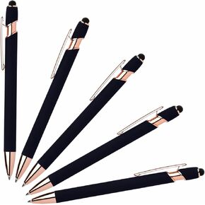 Lenden Pack of 5 Rubberized Comfort Soft Touch 2 in 1 Gel Ink Pen Capacitive Stylus Tip, Premium Metal Medium Point, Black Ink, Compatible with Most Touch Screens (Rose Gold)