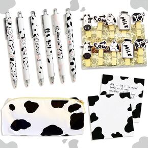 JeVenis Cow Gift Cow Pens Cow Pen Case Black Ink Pens Sticky Notes Cow Supplies Kawaii Office Supplies Cow Stationary Supplies
