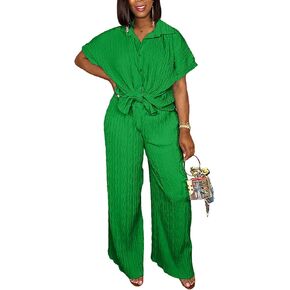 Casual Two Piece Set for Women - Button Down Shirt and Wide Leg Pants Matching Set Tracksuits