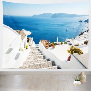 Loccor Santorini Island Tapestry 60''x40'' Oia Traditional White Architecture Sea View Wall Tapestry Santorini Island Landmark Tapestry for Home Bedroom Office Decor