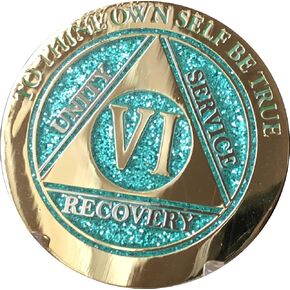 6 Year Elegant Glitter Aqua Turquoise Gold Silver Bi-Plated AA Medallion Chip VII