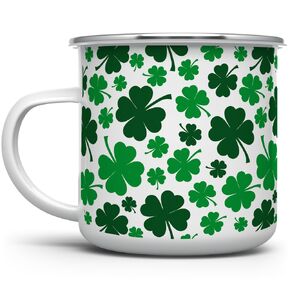 St Patrick's Day Shamrock Campfire Coffee Tea Mug, Green Four Leaf Clover Camping Cup, Gift for Her Mom Friend Coworker (12oz)