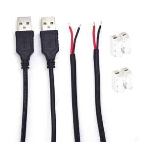 2 قطعة 20AWG USB ضفيرة 2 سلك، 0.3M/1FT USB 2.0 ذكر التوصيل 2pin سلك DIY ضفيرة كابل 5V سلك عاري 5V 5A أسود USB قابس كابل الطاقة مع موصل سلك زنبركي ثنائي الموضع