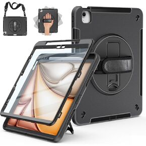 Miesherk Case for iPad Air 13 Inch 2024, iPad Air 13 Inch Case with Built-in Screen Protector, 360° Rotating Stand, Pencil Holder, Adjustable Shoulder Strap, Black