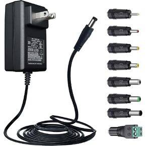 UL Listed 12V 2A 6ft Power Adapter with 8 Interchangeable Tips, AC to DC 2000mA 24W Regulated Power Supply Cord for LED Strip Lights BT Speaker Router Monitor Webcam CCTV Camera and More