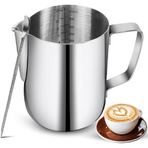 Milk Frothing Pitchers-12oz/350ML Stainless Steel Steaming Pitchers, Scale Coffee/Milk/Cappuccino/Latte Art Barista Steam Pitchers, Milk Jug Cup with Decorating Pen-Silver