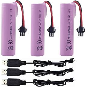3PCS 3.7V 2000mah SM-2P Plug Lithium Battery with USB Charging Cable for DE68 DE44 DE45W DE45 DE58 DE49 DE57 DE70 Off-Road Vehicle Truck Tank RC Remote Control Toy Car