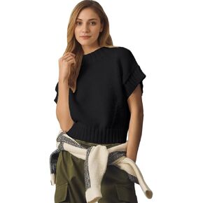 Jenkoon Women's Ultra Soft Fashion Sweater Vest Mock-Neck Extended Shoulder Sweater Vest Cap Sleeve Knit Pullover