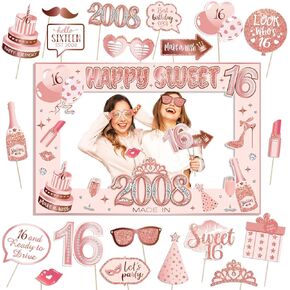 Sweet 16 Party Decorations for Girls, Sweet 16 Photo Booth Props Pink Rose Gold 16th Birthday Selfie Props with Photo Frame Kit Sweet Sixteen Happy Birthday Party Decorations Supplies Favors
