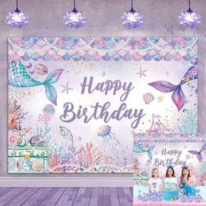 Mermaid Birthday Backdrop Dreamy Fish Tail Castle Glitter Mermaid Decoration Backdrop Under The Sea Photography Background for Princess Girl Baby Shower Birthday Party Banner (7X5FT(82x59inch))