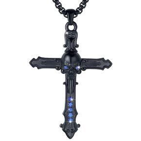 YAMI Cross Necklace for Men, Skull North Viking Pirate Amulet Cool Titanium Steel Goth Gengar Pendant for Women, Norse Jewelry Gifts for Boyfriend/Brother/Husband Birthday Halloween, Silver