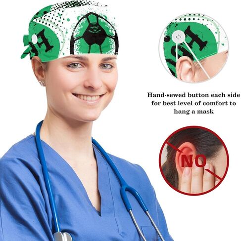 قبعات منتفخة مع زر كرة القدم قبعة جراحية خضراء طبية وأذن أرنب Scrunchie مجموعة قبعات فرك القطن العصابة in Saudi Arabia
