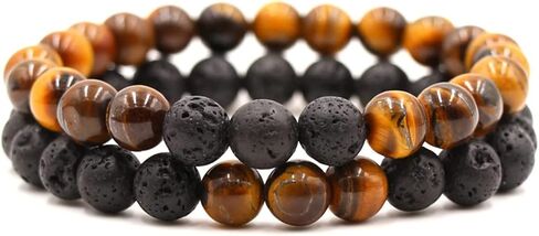Caiyao 2Pcs Matte Lava Rock Volcanic Stone Beads Stretch Bracelet Stacking Essential Oil Diffuser Tiger Eye Seed Energy Yoga Bracelet for Men Women Stress Relief Aromatherapy Jewelry in Saudi Arabia