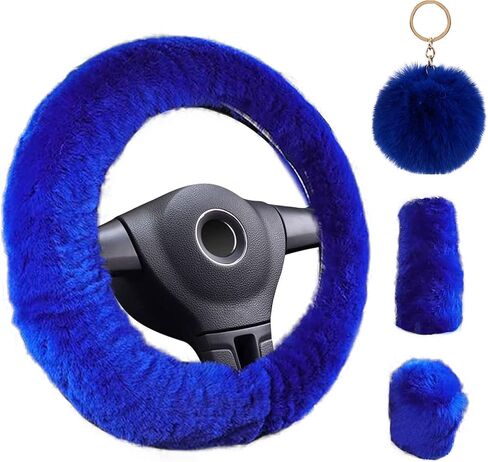 4PCS Set Fluffy Steering Wheel Covers with Handbrake Cover & Gear Shift Cover & Plush Keychain Steering Wheel Cover for Women Furry Car Accessories Universal Fit 14.96Inch (Yellow) in Saudi Arabia