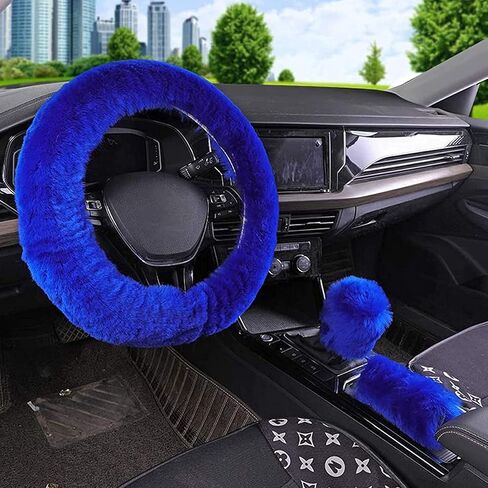 4PCS Set Fluffy Steering Wheel Covers with Handbrake Cover & Gear Shift Cover & Plush Keychain Steering Wheel Cover for Women Furry Car Accessories Universal Fit 14.96Inch (Yellow) in Saudi Arabia