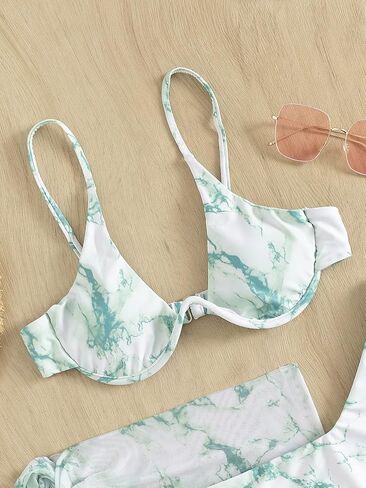 مجموعة بيكيني نسائية مثيرة بطبعة جلد الفهد من MakeMeChic وتنورة شاطئ جانبية بعقدة مكونة من 3 قطع من ملابس السباحة in Kuwait