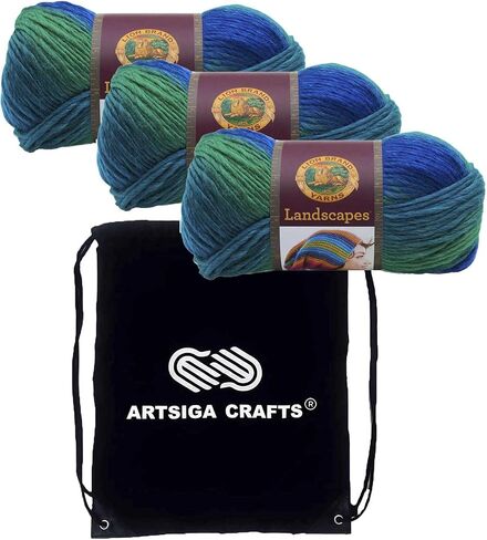 Lion Brand Landscapes Blue Lagoon 545-207 (3-Skeins - Same Dye Lot) Worsted Medium #4 Acrylic Yarn for Crocheting and Knitting - Bundle with 1 Artsiga Crafts Project Bag in Saudi Arabia