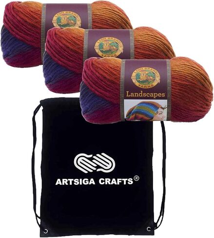 Lion Brand Landscapes Blue Lagoon 545-207 (3-Skeins - Same Dye Lot) Worsted Medium #4 Acrylic Yarn for Crocheting and Knitting - Bundle with 1 Artsiga Crafts Project Bag in Saudi Arabia