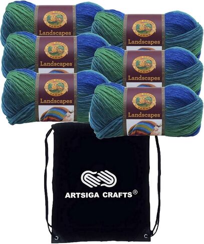 Lion Brand Landscapes Blue Lagoon 545-207 (3-Skeins - Same Dye Lot) Worsted Medium #4 Acrylic Yarn for Crocheting and Knitting - Bundle with 1 Artsiga Crafts Project Bag in Saudi Arabia