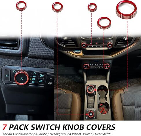 Air Conditioner Headlight Control Switch Knob Cover Trim for 2021 2022 2023 2024 New Ford Bronco Sport Interior Accessories Audio 4 Wheel Drive Trailer Gear Shift Aluminum Decoration 7 Pack Red in Saudi Arabia